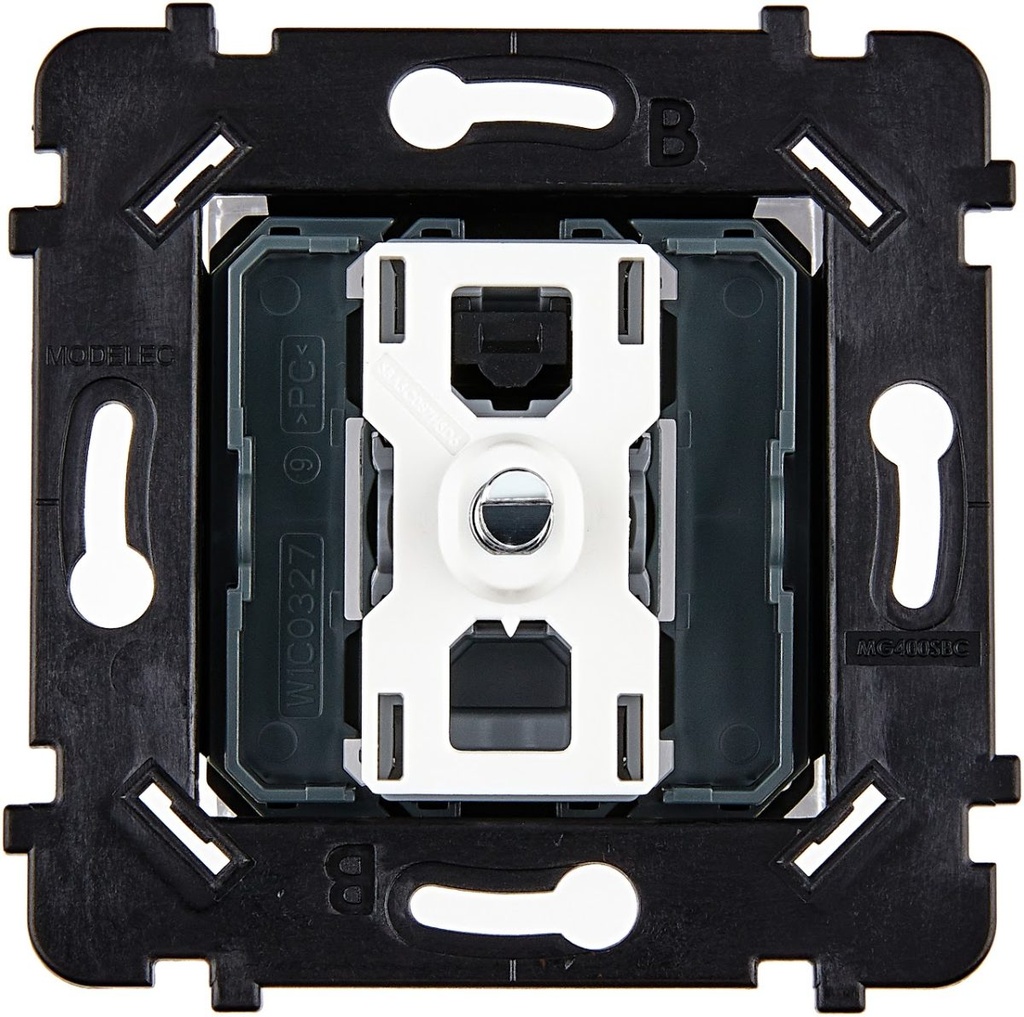 [087010BACB] Mécanisme Connexion Auto, 1 Va-et-Vient (VV) ou Bouton Poussoir (BP), pour façade Simple HITERA (Acier Brillant, Support Blanc)