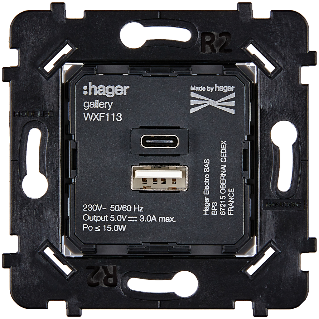 [087511B] Mécanisme Connexion Auto, Chargeur Double USB AC, pour façade Simple DESIR / HITERA / KARO