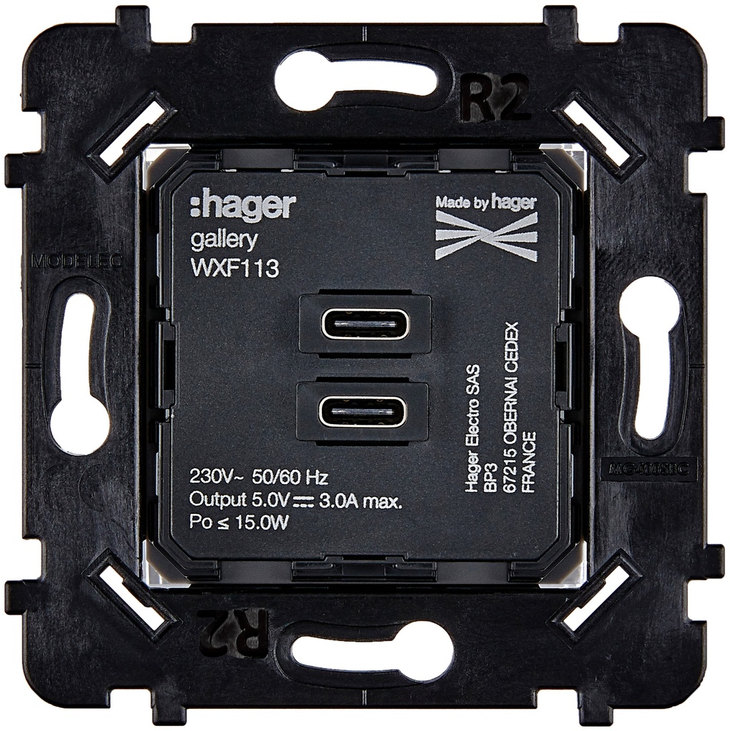 [087512B] Mécanisme Connexion Auto, Chargeur Double USB CC, pour façade Simple DESIR / HITERA / KARO